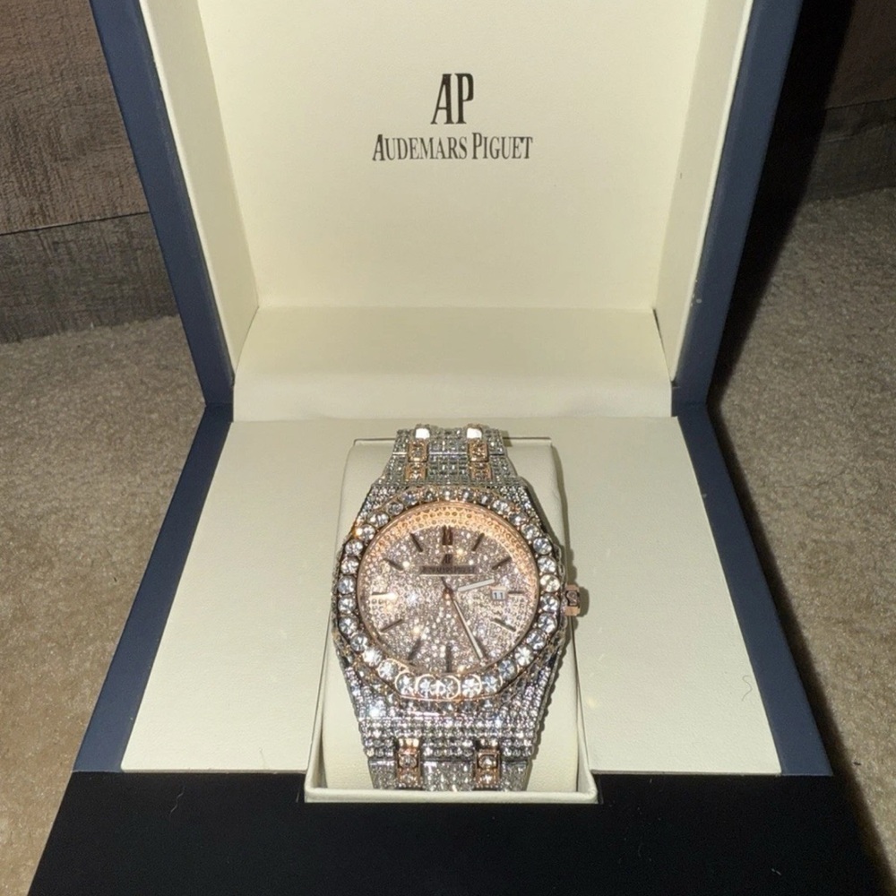 Men’s Bustdown Watch Iced Out Peach and Silver Color w/ Watch Resizing Toolkit